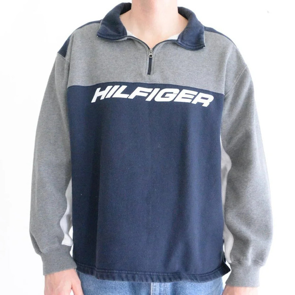 Vintage 90's Tommy Hilfiger Gray And Navy Half Zip Pull Over Sweater Size Large - Picture 1 of 10